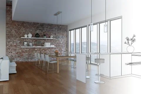 Interior Design Modern Loft Drawing Gradation Into Photograph Stock Illustration