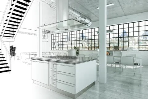 Interior Design Modern Loft Drawing Gradation Into Photograph Stock Illustration