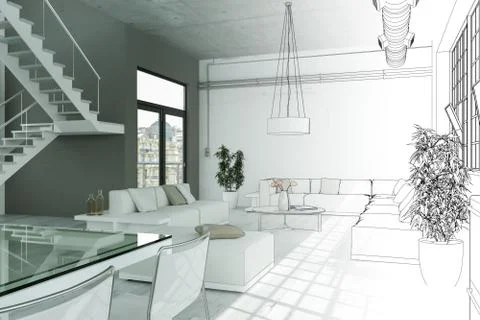 Interior Design Modern Loft Drawing Gradation Into Photograph Stock Illustration