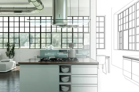 Interior Design Modern Loft Drawing Gradation Into Photograph Stock Illustration