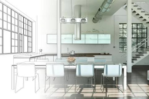 Interior Design Modern Loft Drawing Gradation Into Photograph Stock Illustration