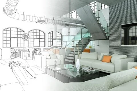 Interior Design Modern Loft Drawing Gradation Into Photograph Stock Illustration
