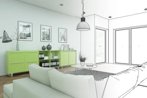 Interior Design Modern Loft Drawing Gradation Into Photograph Stock Illustration