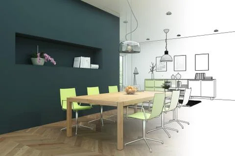 Interior Design Modern Loft Drawing Gradation Into Photograph Stock Illustration