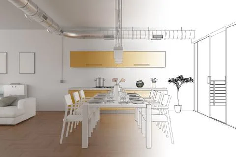 Interior Design Modern Loft Drawing Gradation Into Photograph Stock Illustration
