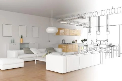 Interior Design Modern Loft Drawing Gradation Into Photograph Stock Illustration