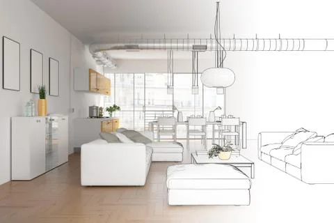 Interior Design Modern Loft Drawing Gradation Into Photograph Stock Illustration