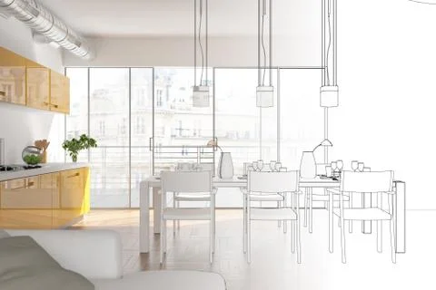 Interior Design Modern Loft Drawing Gradation Into Photograph Illustrazione stock