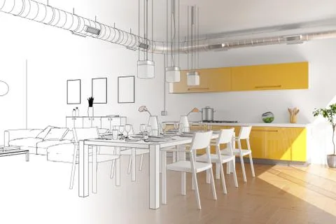 Interior Design Modern Loft Drawing Gradation Into Photograph Stock Illustration