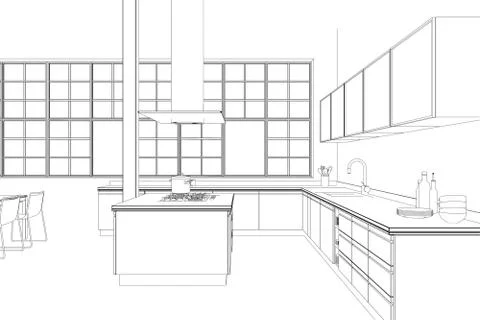 Interior Design modern Loft Kitchen custom Drawing Stock Illustration