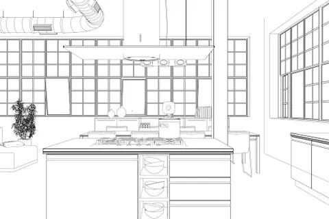 Interior Design modern Loft Kitchen custom Drawing Stock Illustration
