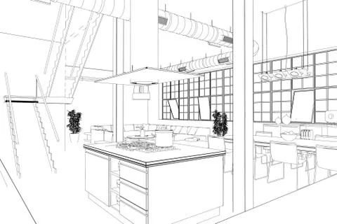 Interior Design modern Loft Kitchen custom Drawing Stock Illustration