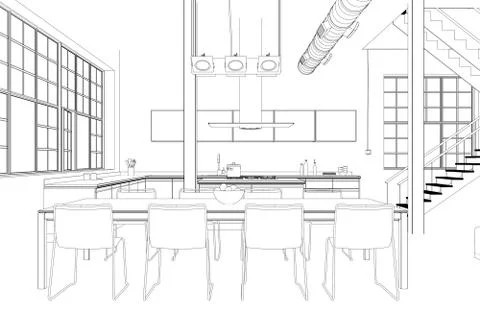 Interior Design modern Loft Kitchen custom Drawing Stock Illustration