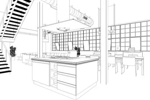 Interior Design modern Loft Kitchen custom Drawing Stock Illustration