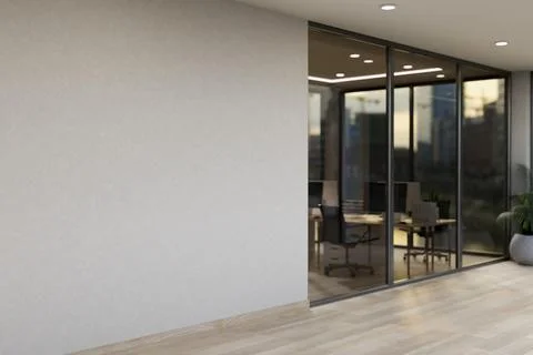 The interior design of a modern skyscraper office corridor features parquet.. Illustrazione stock