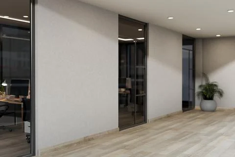 The interior design of a modern skyscraper office corridor features parquet.. Stock Illustration
