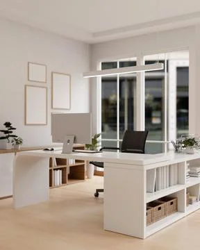 Interior design of a modern white private office room workspace with a comp.. Stock Illustration