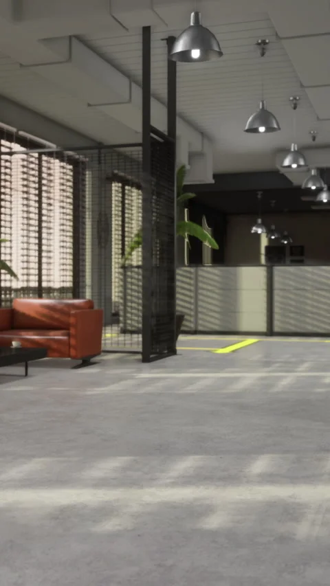 Interior design of modern workspace with orange couch and plants 動画素材 334258619