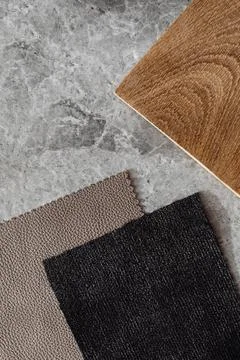 INTERIOR DESIGN MOODBOARD - SAMPLES OF TEXTILE AND NATURAL MATERIALS Stock Photos
