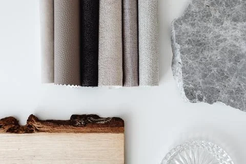 INTERIOR DESIGN MOODBOARD - SAMPLES OF TEXTILE AND NATURAL MATERIALS Stock Photos