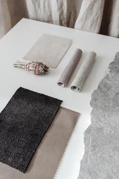 INTERIOR DESIGN MOODBOARD - SAMPLES OF TEXTILE AND NATURAL MATERIALS Stock Photos