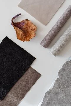 INTERIOR DESIGN MOODBOARD - SAMPLES OF TEXTILE AND NATURAL MATERIALS Stock Photos