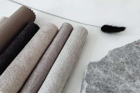 INTERIOR DESIGN MOODBOARD - SAMPLES OF TEXTILE AND NATURAL MATERIALS Stock Photos