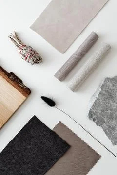 INTERIOR DESIGN MOODBOARD - SAMPLES OF TEXTILE AND NATURAL MATERIALS Stock Photos