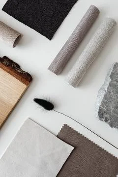 INTERIOR DESIGN MOODBOARD - SAMPLES OF TEXTILE AND NATURAL MATERIALS Stock Photos