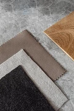 INTERIOR DESIGN MOODBOARD - SAMPLES OF TEXTILE AND NATURAL MATERIALS Stock Photos