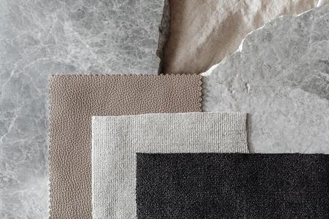 INTERIOR DESIGN MOODBOARD - SAMPLES OF TEXTILE AND NATURAL MATERIALS Stock Photos