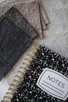 INTERIOR DESIGN MOODBOARD - SAMPLES OF TEXTILE AND NATURAL MATERIALS Stock Photos