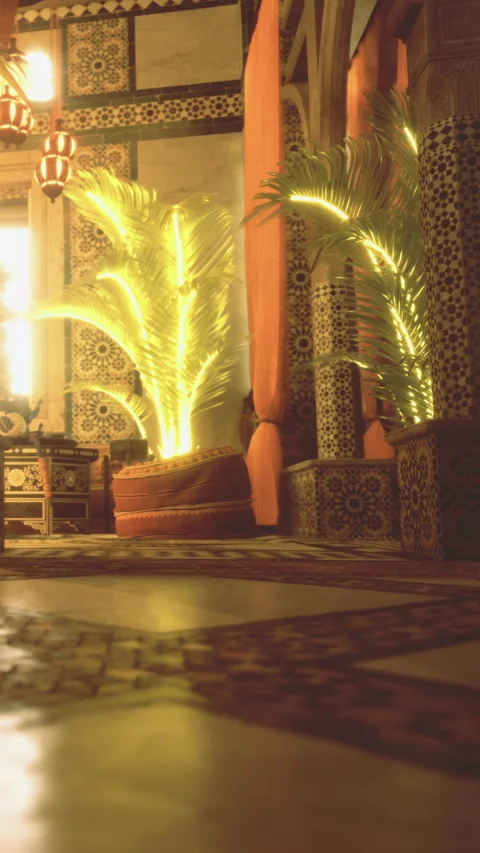 Interior design of a Moroccan style room with palm trees and tiles 库存影片 331751317