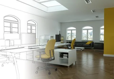 Interior Design Office Drawing Gradation Into Photograph Stock Illustration