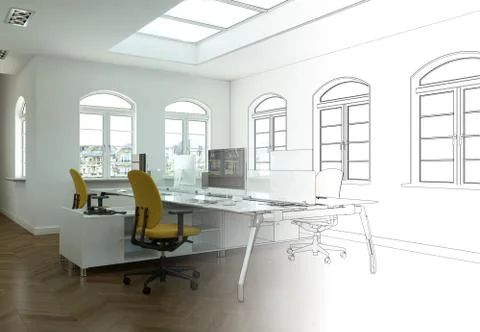 Interior Design Office Drawing Gradation Into Photograph Stock Illustration