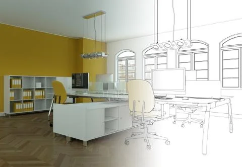 Interior Design Office Drawing Gradation Into Photograph Stock Illustration