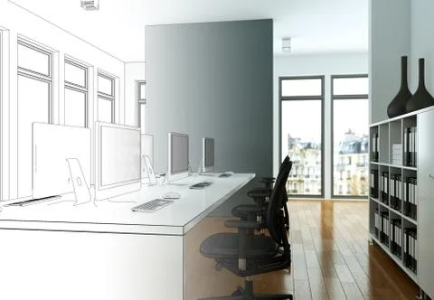 Interior Design Office Drawing Gradation Into Photograph Stock Illustration