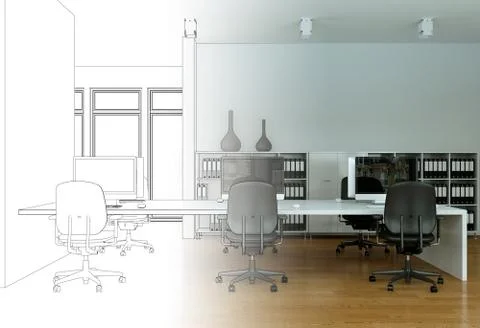 Interior Design Office Drawing Gradation Into Photograph Stock Illustration
