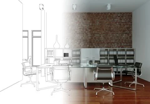 Interior Design Office Drawing Gradation Into Photograph Stock Illustration