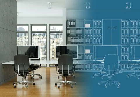 Interior Design Office Drawing Gradation Into Photograph Stock Illustration