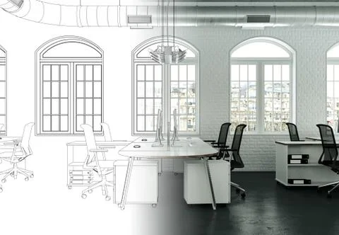 Interior Design Office Drawing Gradation Into Photograph Stock Illustration