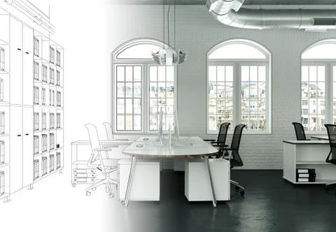 Interior Design Office Drawing Gradation Into Photograph Stock Illustration