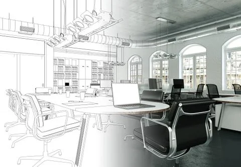 Interior Design Office Drawing Gradation Into Photograph Stock Illustration