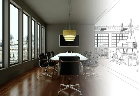 Interior Design Office Drawing Gradation Into Photograph Illustrazione stock