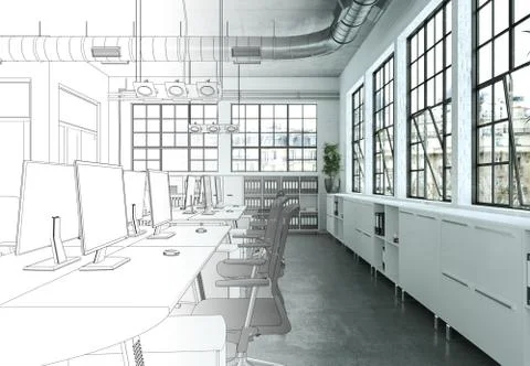 Interior Design Office Drawing Gradation Into Photograph Stock Illustration