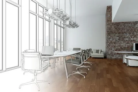 Interior Design Office Drawing Gradation Into Photograph Stock Illustration