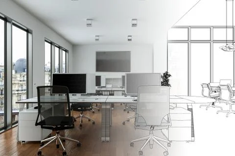 Interior Design Office Drawing Gradation Into Photograph Stock Illustration