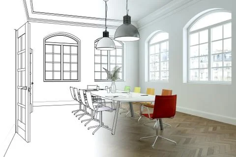 Interior Design Office Drawing Gradation Into Photograph Stock Illustration