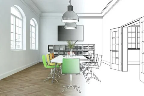 Interior Design Office Drawing Gradation Into Photograph Stock Illustration