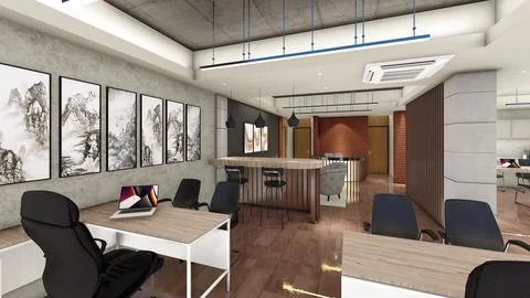 Interior design of office space with false ceiling and wood panels 3d visua.. Stock Illustration
